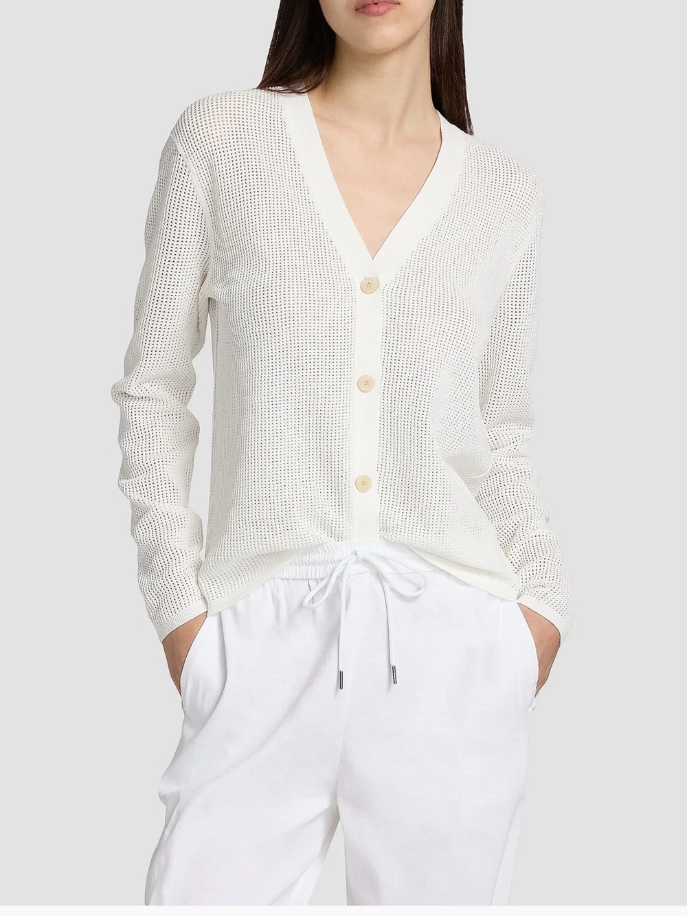 Theory White V-Neck Button Knit Cardigan